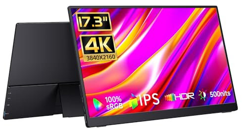 BEISUFU - Monitor portátil de 17.3 pulgadas 4K, 500 nits, 3840 x 2160p, monitor de viaje 100% Adobe RGB con soporte integrado y altavoces, monitor de computadora portátil, monitor externo para laptop,