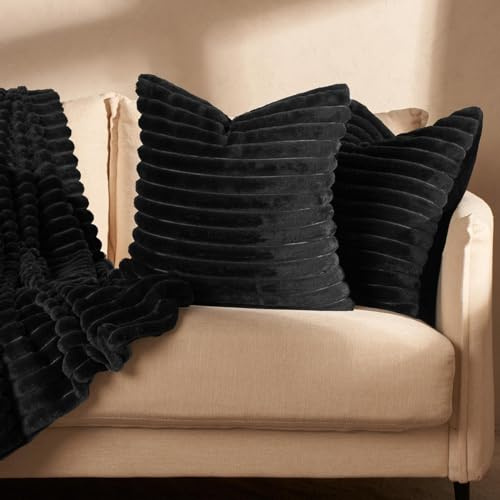 OHS Pack of 4 Faux Fur Rib Cushion Covers Black, Sofa Seat Cushions Home Decor Sofa Bedroom Living Room Lounger Throw Pillow Covers for Cushion Inserts
