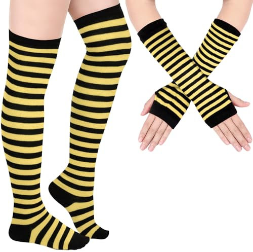 Blulu Armstulpe Beinwärmer für Damen Gestreifter Oberschenkel Strumpf Fingerlose Handschuhe Streifen Strumpf (Gelb und Schwarz)