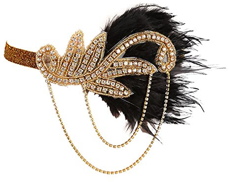 Vintage Stirnband,iSpchen Feder Kristall Haarreif 20er Jahre Stirnband Flapper Haarband Gatsby Haarschmuck für Braut Bühne Show Party Kostüm Accessoires,Gold Schwarz