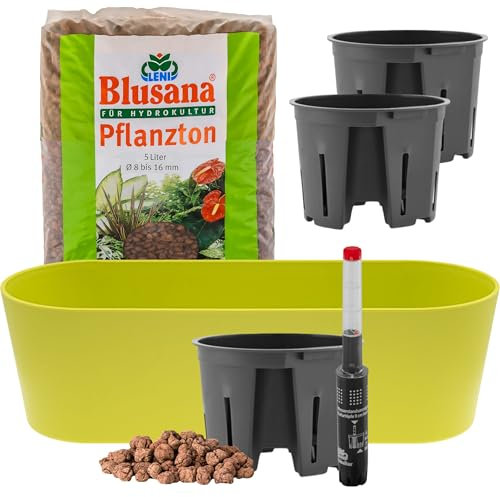 Leni Flori Jardiniere Blumentopf länglich 36 cm apfelgrün/hellgrün Hydrokultur-Komplett-Set mit Übertopf Hydro-Töpfen Wasserstandsanzeiger & Pflanzton