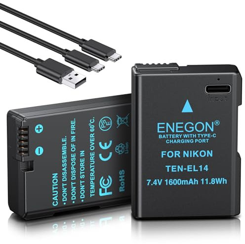 ENEGON EN-EL14 Type C Charging Port Battery(2 * 1600mAh) with Charging Cable for Nikon D5600, D5100, D5200, D5300, D5500, D3200, D3400, D3500, Coolpix P7100, P7200