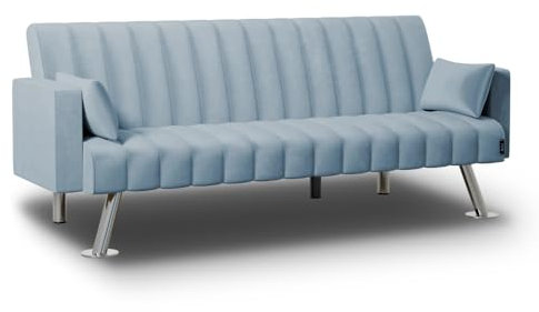 Nalui - Sofá Cama 3 Plazas Acolchado 210x80x79cm One Lines, 2 Cojines y Apertura Clic-Clac con Reclinación Ajustable. Sofá Cama Chaise Longue Aterciopelado Convertible en Cama Doble | Azul