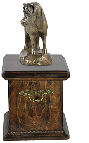 Art-Dog Handgefertigte Urne für Pferdeasche - Kaltgegossene Bronzestatue - Individuelle Einäscherungsbox - Hölzerne Gedenkurne - 46,5x29x21cm - Shetland