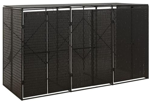 Homgoday Cache-poubelles pour 3 poubelles avec couvercle - 207 x 80 x 117 cm - Noir - En polyrotin