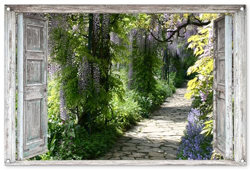 MuchoWow© Gartenposter Groß 120x80 cm XXL Outdoor Bilder Gartendeko für draußen Wetterfest Garten Terrassen Sichtschutz Deko Banner Draußen Bild Fensterblick - Wald - Steine - Frühling