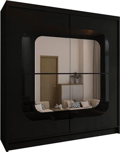 MN Furniture Chennai Mirror Sliding Door Freestanding Wardrobe Transforms Your Space with Style 150cm/203cm (Black, 203cm)