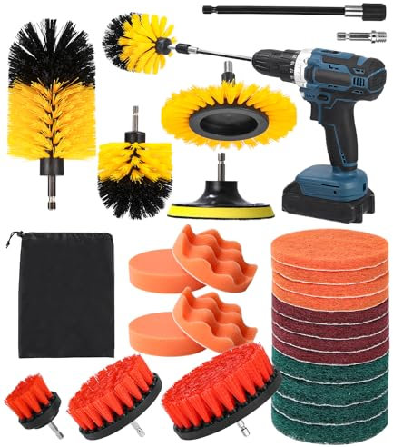 Birshe 25 Pieces Cepillo Taladro Limpieza Kit, Cepillos Limpieza Coche Kit de Limpieza Coche Taladro Cepillo Eléctrico para Sellar Azulejos Bañera Lavabo Suelo Ruedas Azulejos Alfombras Baño Cocina