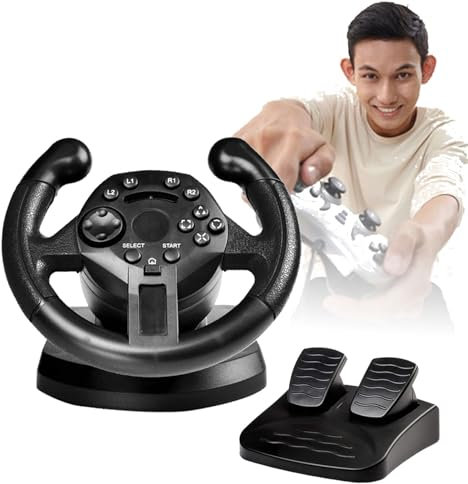 NVYAZJ Gaming Racing Wheel with Floor Pedals, Simulated Driving Controller with Vibration Joysticks 4 Large Suction Cups 200MM Diameter 90° Rotation 2 High Simulation Motors