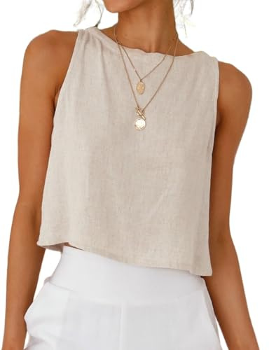 IDEALSANXUN Vacation Outfits for Women Spring Tops Beach Summer Clothes 2026 Cute Crop Linen Tank Tops, Beige, M