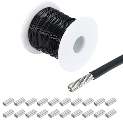 QUARKZMAN 230Ft(70M) Filo Fune 304 Acciaio Inox Cavo 3/64(1mm) Vinile Rivestito con 20pz Alluminio Manicotti per Gruccia Appendiabiti Sollevamento Nero