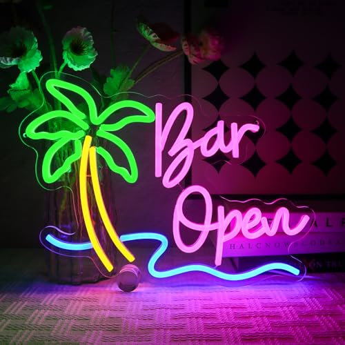 OYCGZV Enseigne Néon Bar Ouvert Panneau Néon Palmier pour Décoration Murale Lampe murale en néon pour bar Enseigne USB Led Open pour Bar à Bière Club Business Home Pub Man Cave Party Decorations