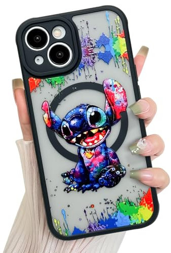 cuwana Magnetic Clear for iPhone 14 Case 6.1 in, Cute Cartoon S Colorful Pattern [Compatible with Magsafe] Black Translucent Matte Hard Shockproof Cover with Camera Protection
