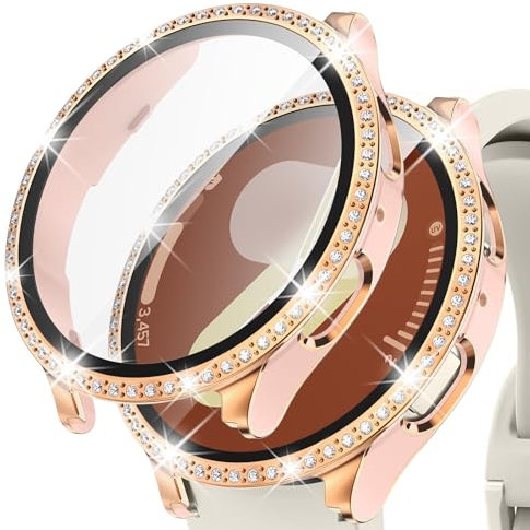 Kamita Glitter Diamant Coque Compatible avec Samsung Galaxy Watch 7 40mm, Paillettes Dur PC Bumper Case avec 9H Verre Trempé Protecteur d'écran, Étui de Protection pour Galaxy Watch7 (Rose-Or rose)