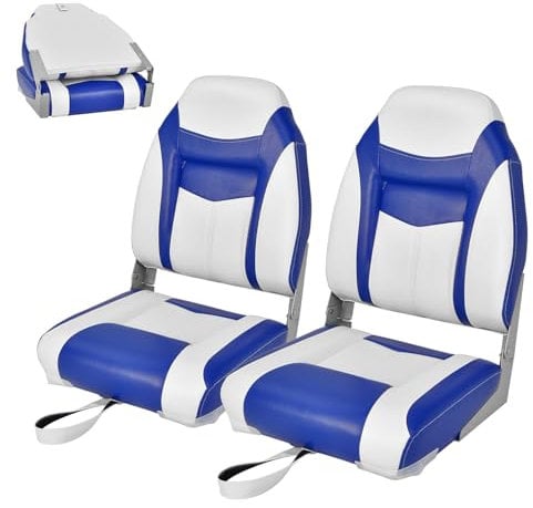 HOMASIS Bootssitz klappbar, gepolsterter Bootsstuhl mit hocher Rückenlehne, wasserdichter Steuerstuhl mit Befestigungsgurt, Steuersitz für Boot, 44,5 x 50 x 60 cm (Blau & Weiß 2er Set)
