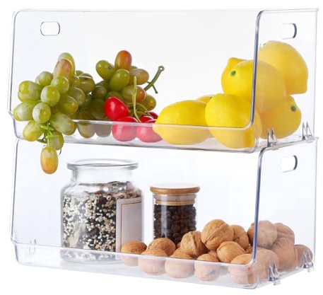 Lemecima Stackable Plastic Food Storage Organizer Bin Basket with Open Front for Household Kitchen Cabinets, Pantry, Offices, Closets, Bedrooms, Bathrooms , 2 Pack - Clear