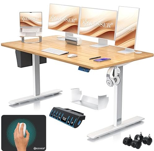 KESSER® Höhenverstellbarer Schreibtisch elektrisch 160cm x 70cm | Ergonomisch Steh-Sitz Schreibtisch | 3-Funktions-Memory Steuerung | Inkl. 360° Rollen & USB-Ladeanschluss Computertisch für Homeoffice
