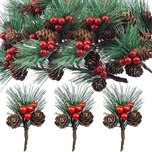 Kleine Künstliche Tannenzweige mit Beeren und Tannenzapfen, Weihnachten Tischdeko Set, Artificial Tannenzweige Beerenzweige Dekorationen für Weihnachten (20 STK/Rote Beeren Natur)