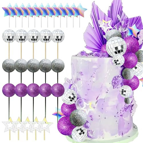 JeVenis Purple Disco Balls Cake Topper Dancing Queen Cake Topper 80s Cake Decorations Silver Cake Balls Purple Cake Decorations
