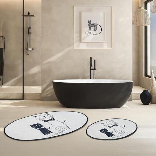 miqna Katzen Badematte Set 2 teilig rutschfeste Badteppich waschbar Badezimmerteppich Weiß Weicher, Wasserabsorbierender Badvorleger mit Stilvollem (Little Cats, 60 x 100 cm - 50 x 60 cm)