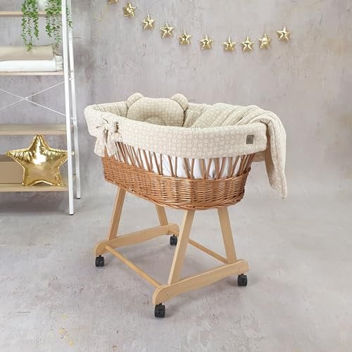 Stubenwagen, Bollerwagen AMELIA, braun mit Gestell, Matratze und Bettwäsche| Leisen Rädern, Tragbares Bett für Säuglinge/Neugeborene (Beigefarbene Zweige)