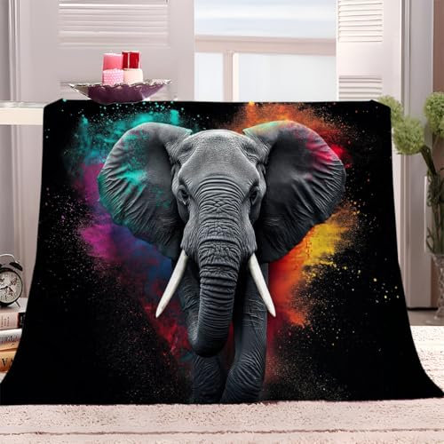 Kuscheldecke Decke 180x200 cm Bunter Doodle-Elefant Fleecedecke Flauschig Weich Warme Wohndecke Sofadecke für Teens Erwachsene, Schlafdecke Tagesdecke für Bett Couch