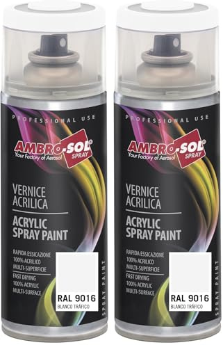 Ambro-Sol - Pintura acrílica en spray, color Blanco Tráfico, RAL 9016, resultado profesional en múltiples superficies, exteriores e interiores, 400 ml (Paquete de 2)