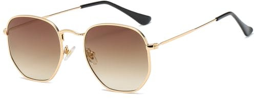 RUNHUIS Retro Polygon Sonnenbrille für Damen und Herren, Modische Quadratische Brille, Ultraleichter Metallrahmen (Gold/Gelbbrauner Farbverlauf)