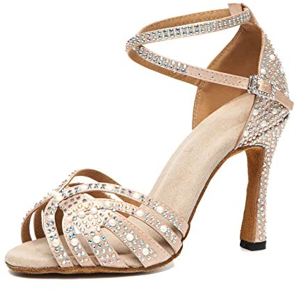 MINITOO Damen Tanzen Schuhe Tanzschuhe Latein Salsa Glitzer Sandalen L506 Nude 10cm Absatz EU 34.5
