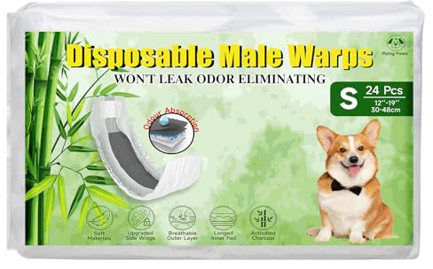 Flying Paws Hundewindeln für Rüden, S-24 Stück mit Aktivkohle Rüdenwindeln | Odour-Neutralisierung, Weiche und Atmungsaktive, Super Saugfähig Hundewindeln, für Markierung, Harninkontinenz, Reisen