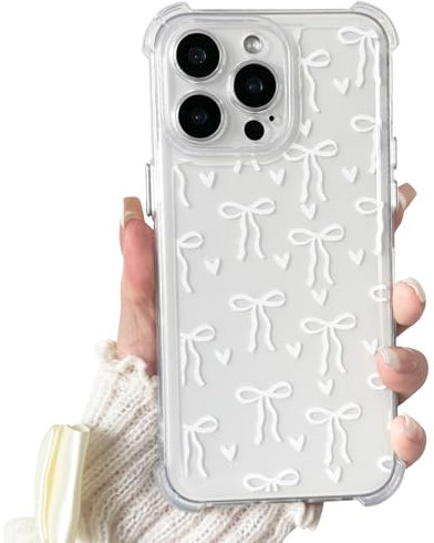 NITITOP Compatible with iPhone 14 Pro Case Clear with Four Corners Cute Bowknot Ribbon Heart Pattern for Women Girls Bow Soft TPU Shock-absorbing Protective Cover - White