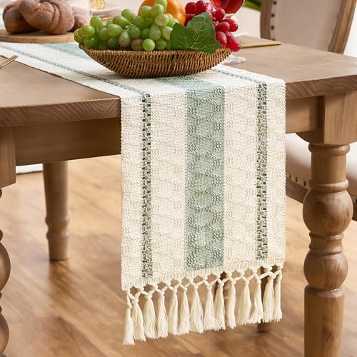 Aisybaklyn Tapete de Mesa Verde Salvia Boho 30x183 cm Camino Moderno Franjas Decorativas Borlas de Macramé Algodón y Lino para Cocinas Rústicas de Diario Decoración Hogar Comedor Boda