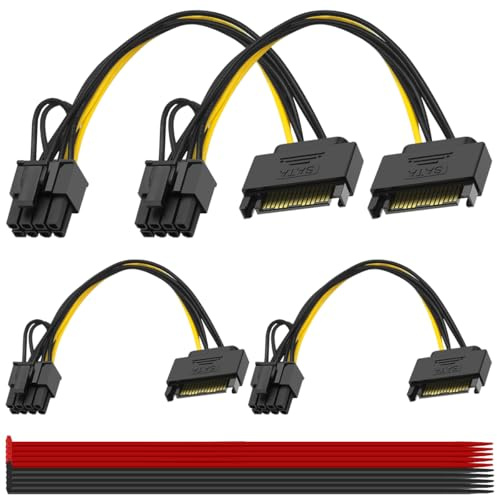 MKBKLLJY 4PCS 15-Pin SATA Male to 8 Pin (6+2 Pin) PCI-Express (PCIe) Female Graphics Video Card Power Cable Adapter 18AWG PVC Insulation with Cable Tie, for Personal Computer (22cm/8.66inch)