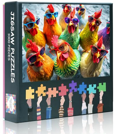 Jigsaw Puzzles 1000-Pieces - Whimsical Chickens in Retro Sunglasses - 20x28 Inch Farm Animal Photography Art for Adults & Teens - Humorous Escape Puzzle with Barnyard Friends & Feather Textures