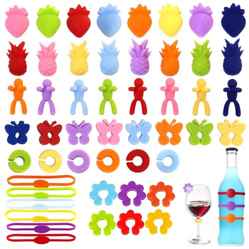 Yphzmtz Glasmarkierer, 50 Stück Glas Markierung, Wiederverwendbar Glasmarkierer Silikon, Wein Marker Trinkgläser für WeingläSer, ChampagnergläSer, Party Hochzeit Bar Tassen