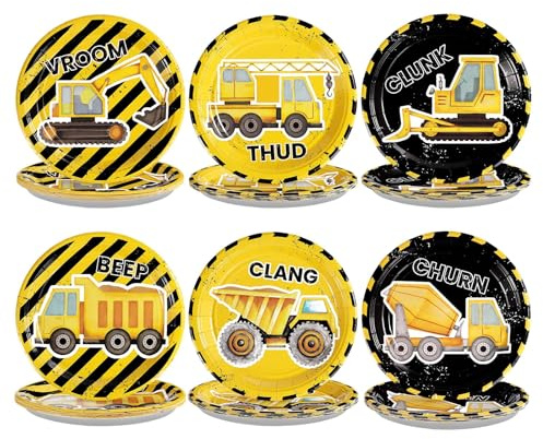 Grencian 60Pcs Construction Party Plates - 9” Disposable Heavy Duty Construction Truck Desert Paper Plates Excavator Engineering Vehicle Tableware for Kids Boys Excavator Birthday Party Decorations