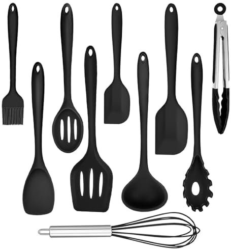 Home Markt24 Juego de utensilios de cocina de silicona, 10 piezas, color negro, para revestimientos de teflón, sin BPA, resistente al calor hasta 200 °C, espátula, cuchara, pinzas, batidor, cepillo