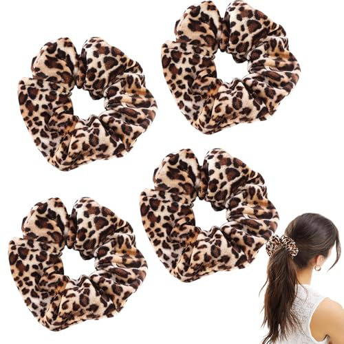 4 Stück Scrunchies Haargummi,Haargummis mit Leopardenmuster,Haargummi Samt Leopard Groß,Leoparden Haarband Elastische,Leo Haarschmuck Damen für Lange Feine Dicke Lockiges Pferdeschwanz Mädchen