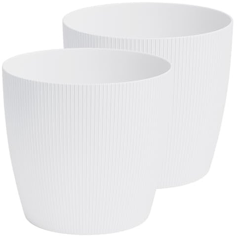 Home Garden Ornaments Modern Striped Plastic Plant Pots Indoor/Outdoor, 2 Pack, White, 13.5cm (5.3 inch)