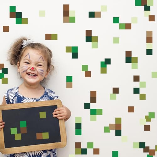SUPERDANT Wandtattoo 3 Teilig Grün Braune Pixel Blöcke | Wandsticker Vinyl, Wanddekoration, Für Schlafzimmer Wohnzimmer Spielzimmer, 96x30cm