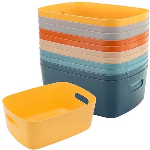 NGOSUET 12 Stück Aufbewahrungsbox Kunststoff Bunt mit Griffen 30x20x12cm, Aufbewahrungskorb Plastik Storage Basket Organizer, Stapelbar Aufbewahrungsboxen Farbig für Badezimmer Küche Wohnzimmer