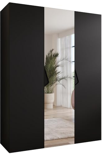MEBLE KRYSPOL - Kleiderschrank - Garderobenschrank - 150 cm x 202 x 52 cm - Schrank mit Kleiderstange und Spiegel, 3 Türen - für Schlafzimmer, Flur - SANDI, Schwarz, Griff Schwarz