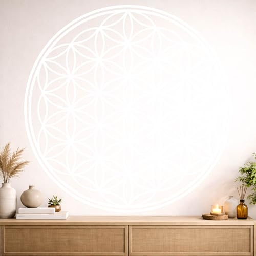 Blume des Lebens Wandtattoo - 96x96cm - Weiss - Mandala - spirituelles Symbol - Wanddeko für Wohnzimmer Wandaufkleber Schlafzimmer Büro Meditation Yoga Raum