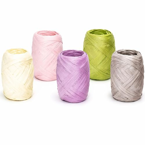 Papierband Raffiabast 5 Rollen Set je 20m - Geschenkband Raffia Papier Schnur Craft Verpackung - Bastband Papiergarn zum Binden Verzieren - Bänder für Geschenke Deko - Sanfte Farben Mix