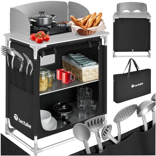 TecTake® Meuble de Rangement Cuisine de Camping Pliable Premium en Aluminium, avec 2 Étagères, Plan de Travail, Pieds réglables, Sac de Transport Inclus, Stockage pour Vaisselle, Accessoires Cuisine