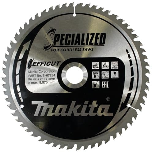 Makita B-67284 EFFICUT Kreissägeblatt Ø 260 x 2,15 x 30 mm, 60 Zähne, 10° Zahnwinkel, für saubere und schnelle Schnitte in Holz, für Akku-Kapp- und Gehrungssägen