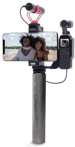 Movo Video-Rig kompatibel mit DJI OSMO Pocket 1, 2 – inklusive Universal-Smartphone-Halterung, Griff und 2 Cold Shoes zur Montage von Mikrofon, Licht – OSMO Pocket Mikrofon und Video Rig