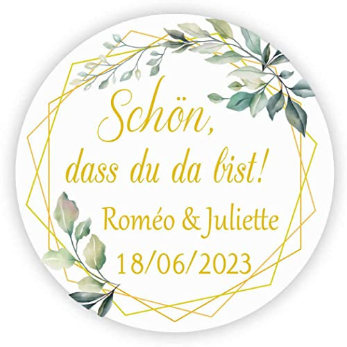 MameArt 50stk 4cm Aufkleber Personalisiert Hochzeit, Schön DASS du da bist, Sticker Gastgeschenk Taufe Kommunion Geburtstag Feste Geschenke Präsente (Kranz B)