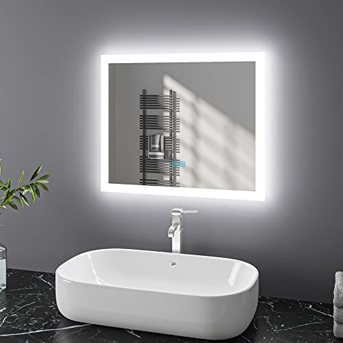 Finmrys Badspiegel mit Beleuchtung 60x50 cm LED Spiegel Bad mit Touch-Schalter Beschlagfrei Badezimmerspiegel Dimmbar Beleuchtet Kaltweiß Warmweiß Horizontal Vertikal(23.62x19.69 Inch)