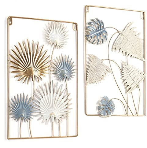 WPAJIRZO 2er Set Wanddeko Metall - Skandinavisches Design mit Blattmotiv für Wohnzimmer, Schlafzimmer & Büro - Ästhetische Wanddekoration in Gold